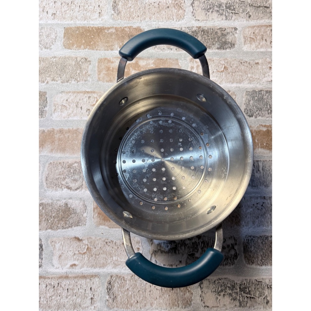 Stainless Steel Steamer Basket Insert Tiered Bottom Teal Silicone Handles 8in